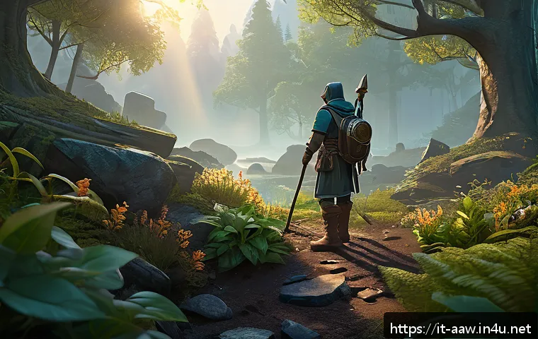 아키에이지 자원 채집 효율 - A dynamic fantasy game scene at dawn, featuring a lone adventurer gathering rare herbs and minerals ...