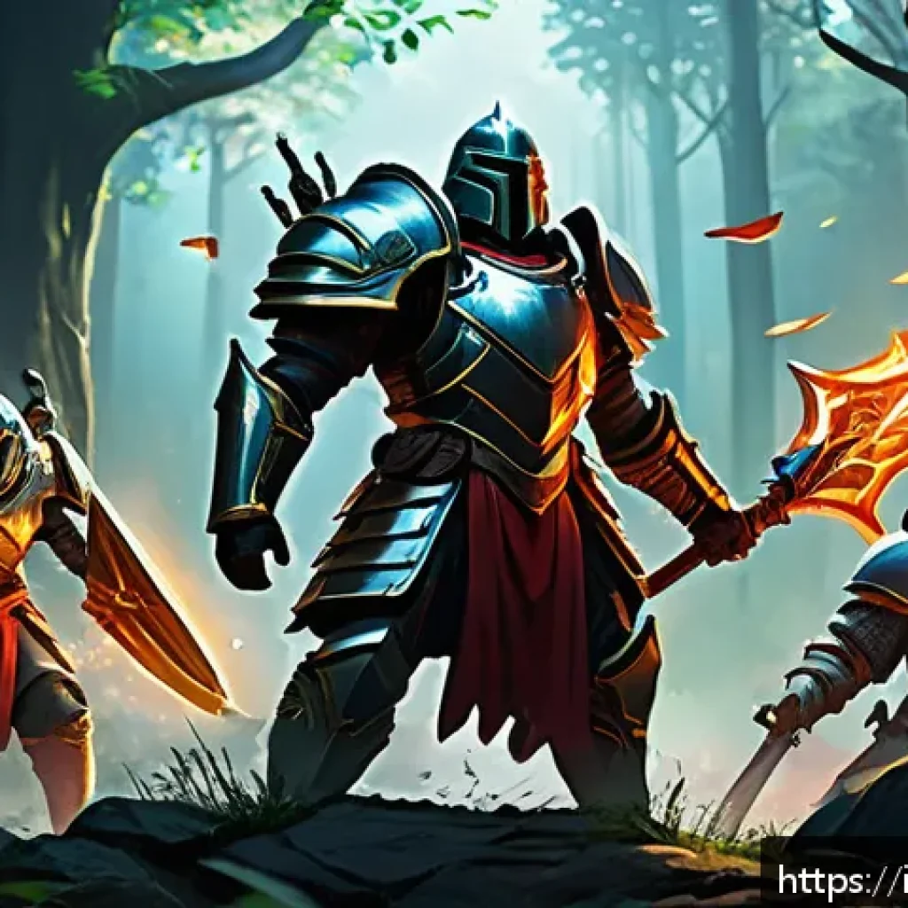 아키에이지 파티 구성 최적화 - A balanced fantasy RPG party in a lush, detailed battlefield setting: a heavily armored tank in intr...
