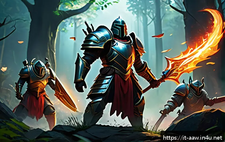 아키에이지 파티 구성 최적화 - A balanced fantasy RPG party in a lush, detailed battlefield setting: a heavily armored tank in intr...