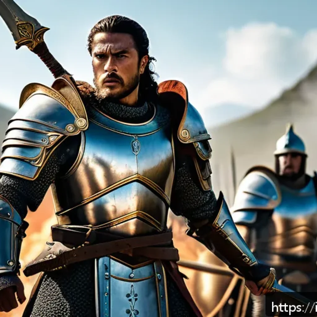 아키에이지 진영별 특징 - A dynamic battlefield scene depicting a Nuia faction warrior clad in heavy, intricately detailed arm...