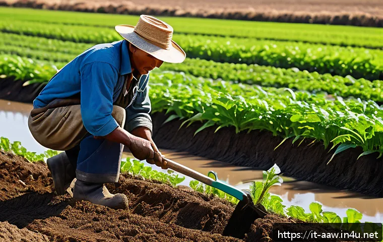 아키에이지 고급 농작물 재배법 - A vibrant, detailed agricultural scene set in a fertile, lush farmland near a sparkling freshwater r...
