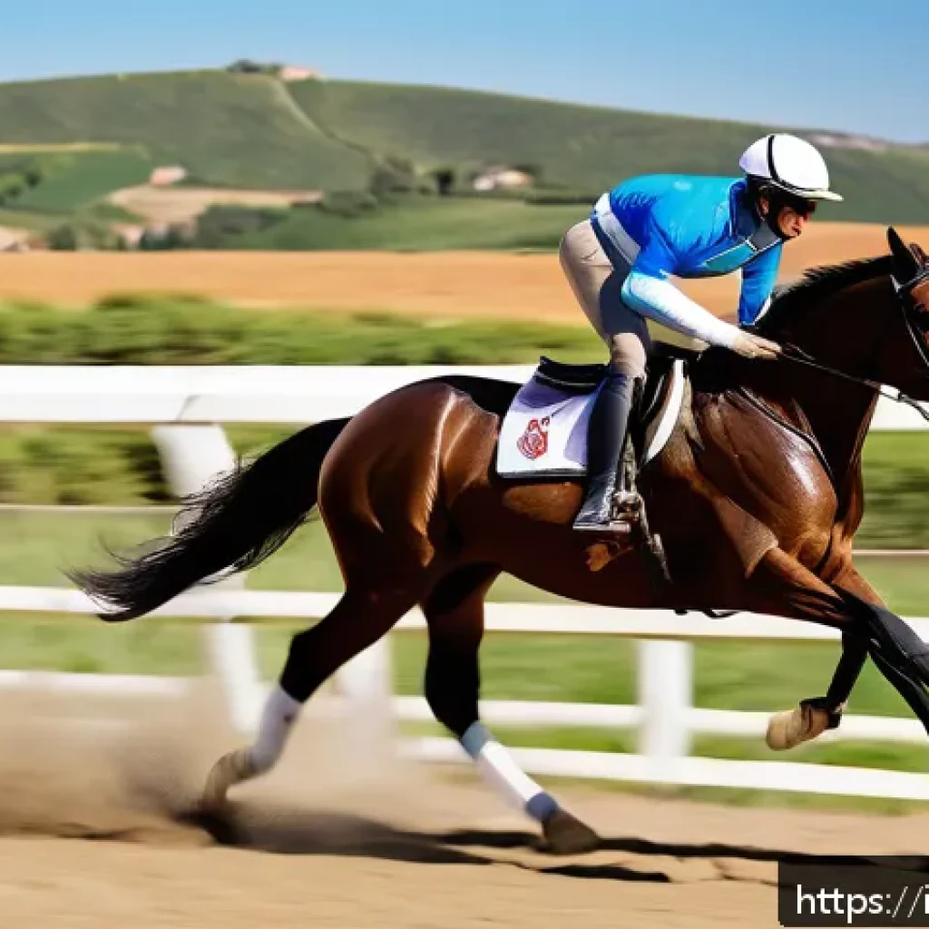 아키에이지 탈것 경주 이벤트 - A dynamic scene of a well-groomed racing horse wearing a high-quality saddle and bridle, galloping o...