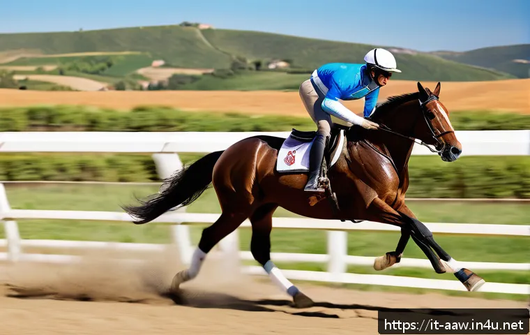 아키에이지 탈것 경주 이벤트 - A dynamic scene of a well-groomed racing horse wearing a high-quality saddle and bridle, galloping o...