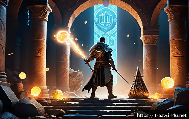 아키에이지 상위 장비 강화 실패 확률 - A detailed fantasy scene illustrating the weapon enhancement process in an RPG game: a skilled playe...