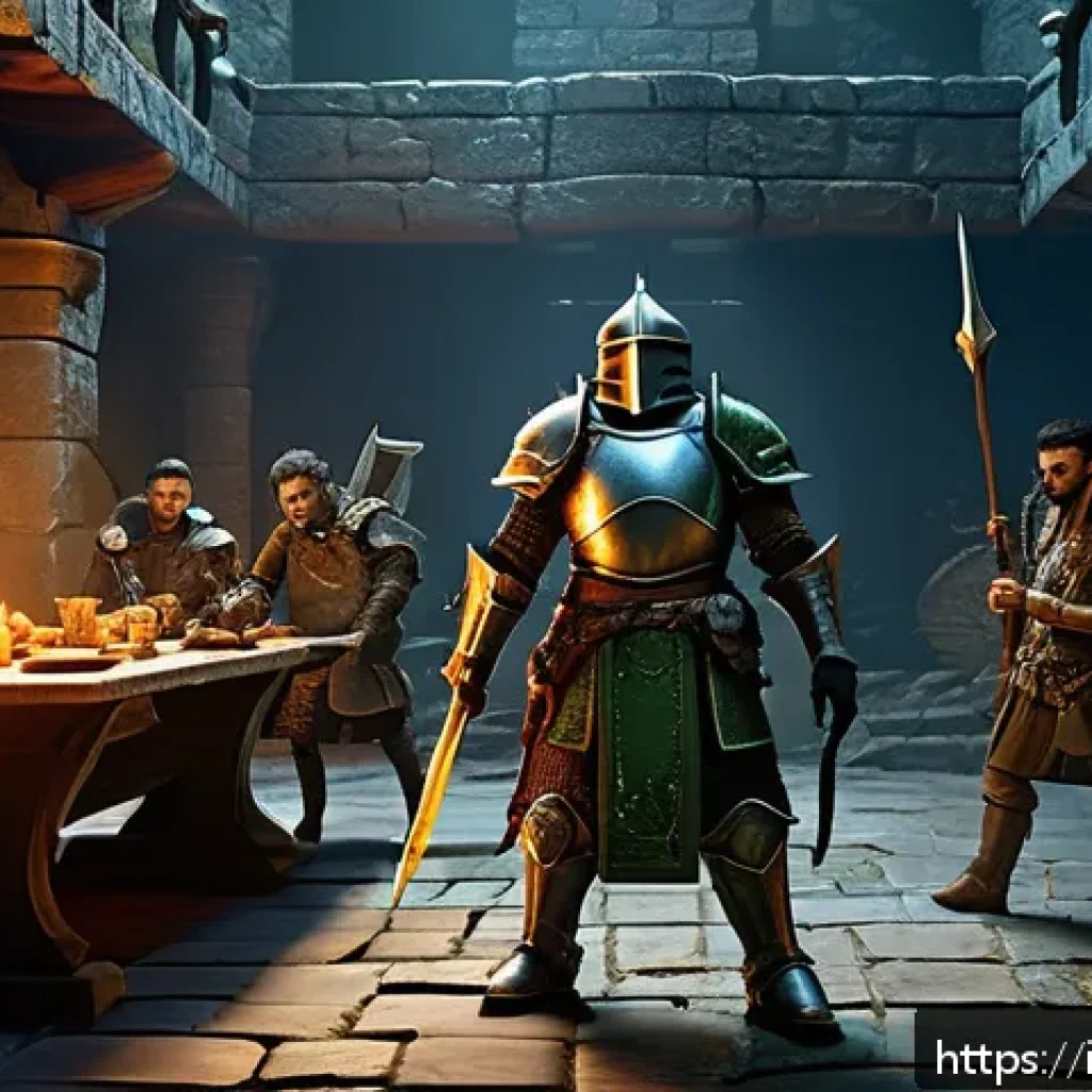 아키에이지 PvE 던전 공략 - A detailed fantasy dungeon scene featuring a well-equipped adventurer party preparing for battle. Th...