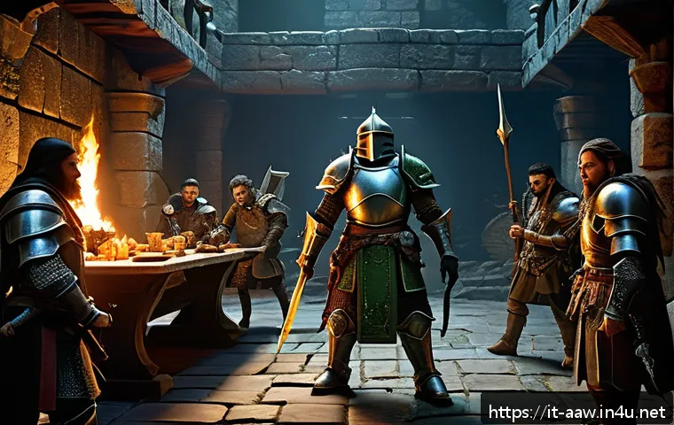 아키에이지 PvE 던전 공략 - A detailed fantasy dungeon scene featuring a well-equipped adventurer party preparing for battle. Th...