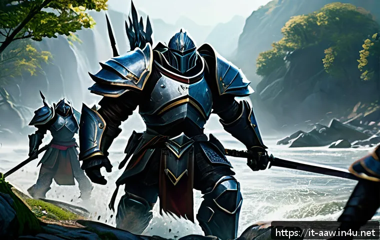 아키에이지 대규모 PvP 필수 팁 - A dynamic battlefield scene in a fantasy MMORPG setting, showcasing a well-balanced PvP team engagin...