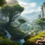 아키에이지 자원 수집 루트 - A detailed fantasy landscape showcasing a lush forest in Nuia during daytime, abundant with renewabl...