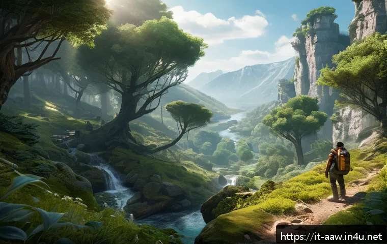 아키에이지 자원 수집 루트 - A detailed fantasy landscape showcasing a lush forest in Nuia during daytime, abundant with renewabl...
