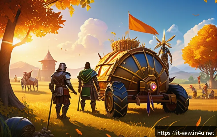 아키에이지 주간 이벤트 활용법 - A vibrant fantasy game scene depicting a group of diverse players collaborating during a weekly &ldquo;Har...