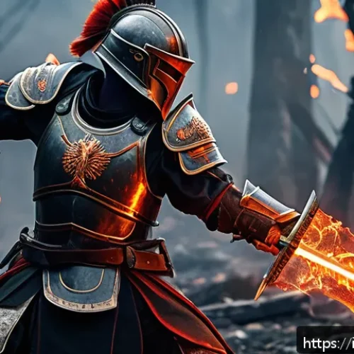 아키에이지 고급 장비 세팅 - A fierce warrior wielding the legendary Fire Sword in close combat, clad in intricately detailed fan...