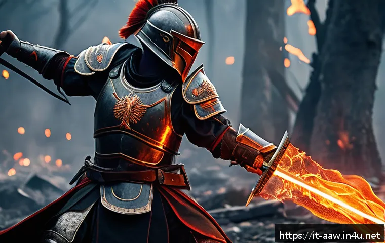 아키에이지 고급 장비 세팅 - A fierce warrior wielding the legendary Fire Sword in close combat, clad in intricately detailed fan...