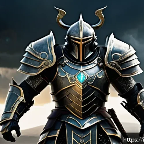 아키에이지 장비 옵션 선택 - A detailed fantasy RPG scene showcasing a heavily armored warrior tank standing resolutely on a batt...
