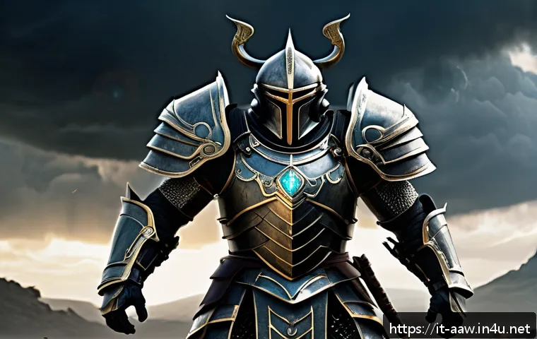 아키에이지 장비 옵션 선택 - A detailed fantasy RPG scene showcasing a heavily armored warrior tank standing resolutely on a batt...