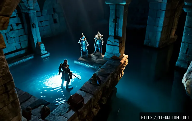 아키에이지 심연의 연못 공략 - Photorealistic fantasy dungeon expedition beside a vast abyssal pond, a small party of armored adven...